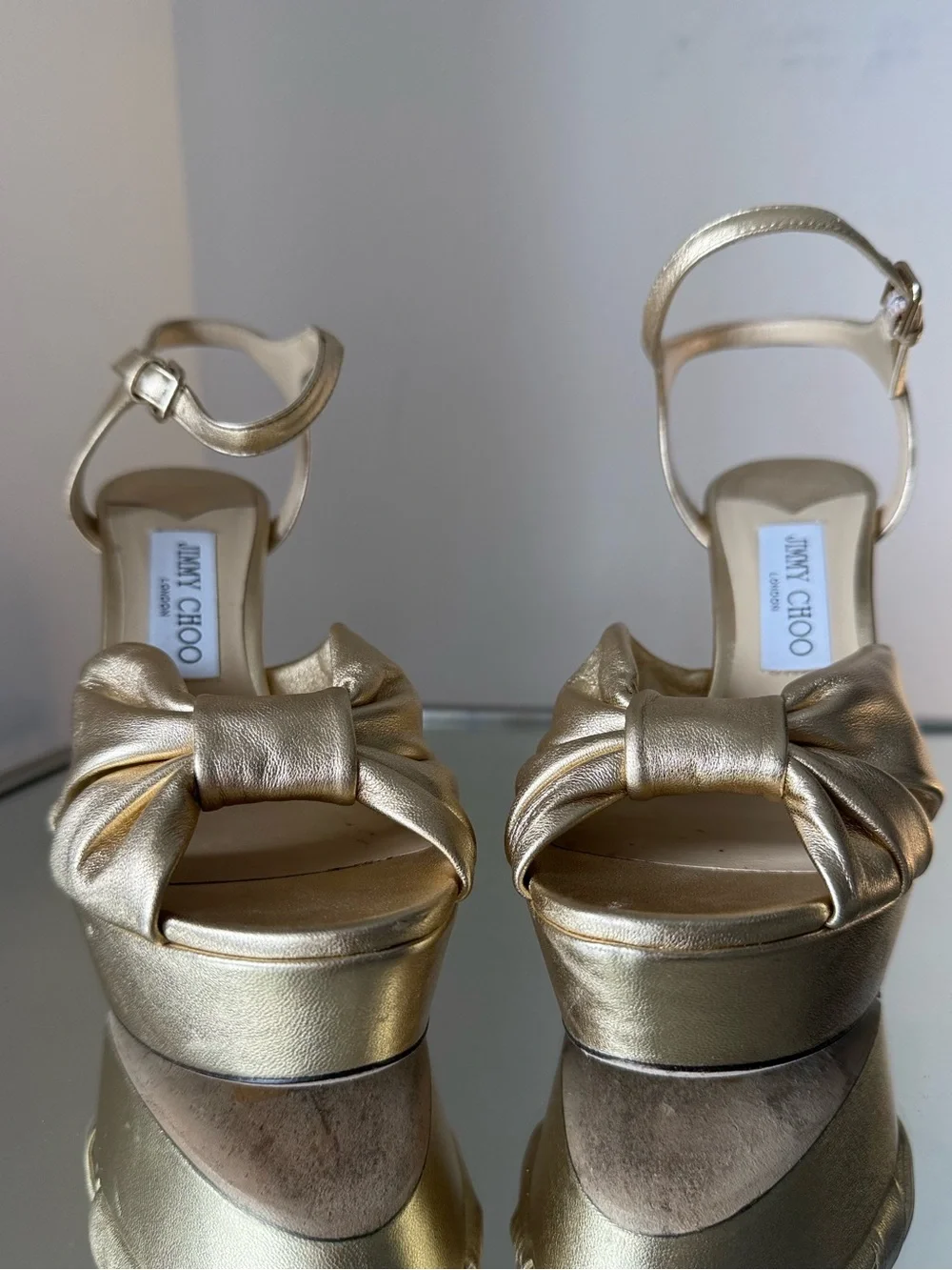 Jimmy Choo Heloise 120 Gold Metallic Nappa Leather Platform Sandals 38.5